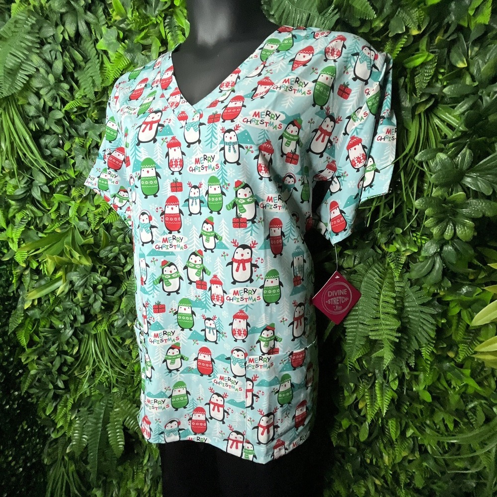 Divine Women 2XL Blue Scrubs Tops Holiday Christmas Nurse Caregiver NWT 0955